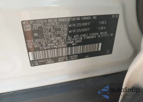 2021 Toyota Rav4 Xle из США, поврежденный, VIN 2T3W1RFV1MW108966